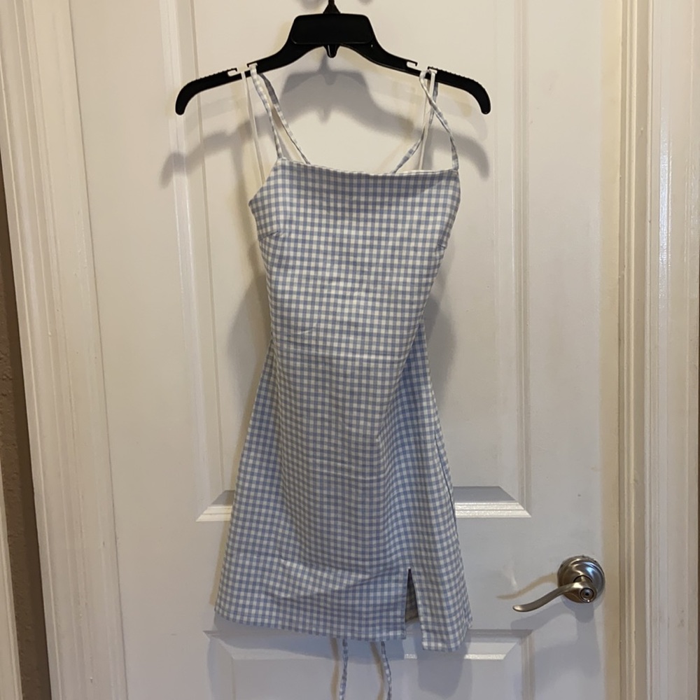 Blue and white plaid mini dress with tie back/ thigh slit